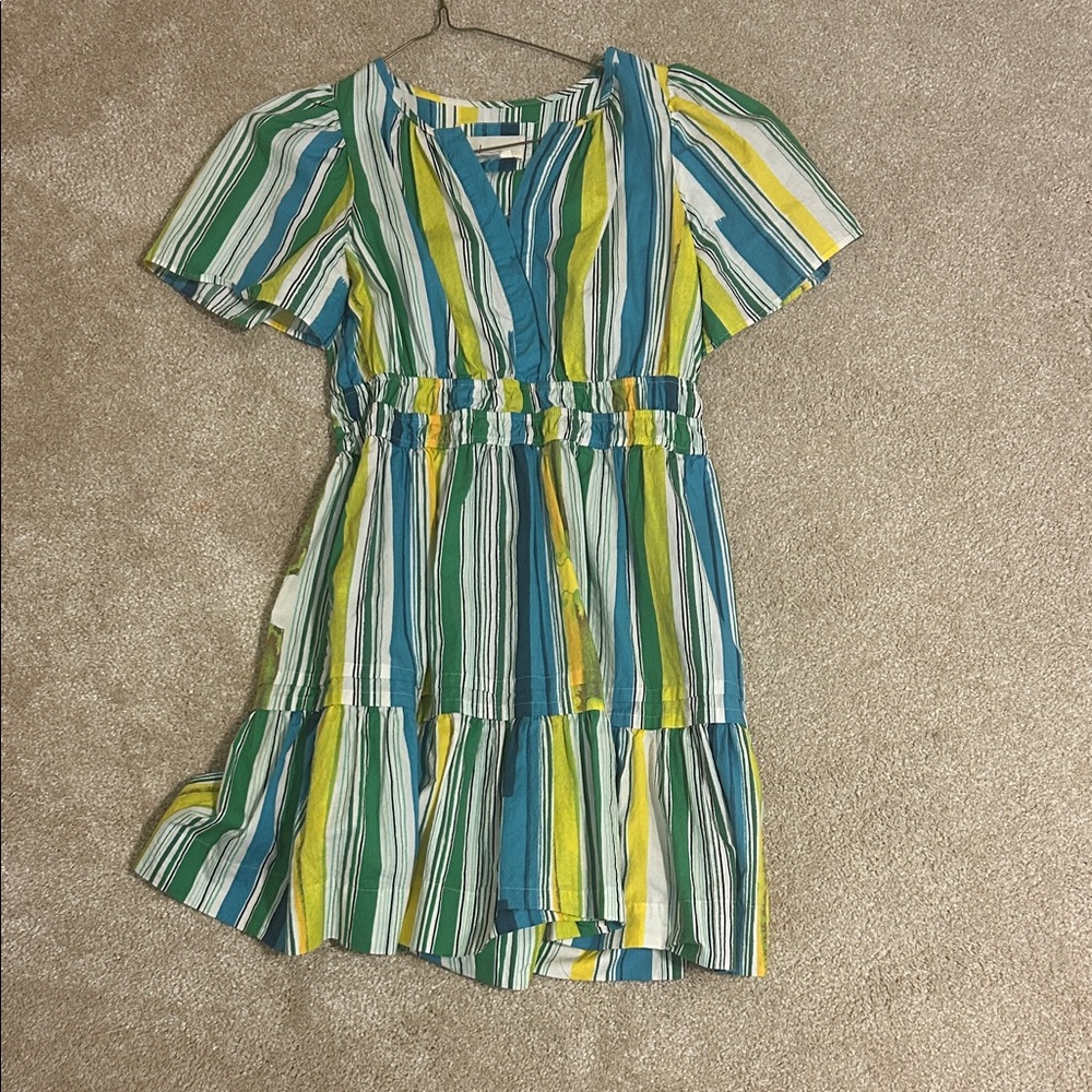 Anthropologie Dress in Blue, Green, and Yellow Stripes